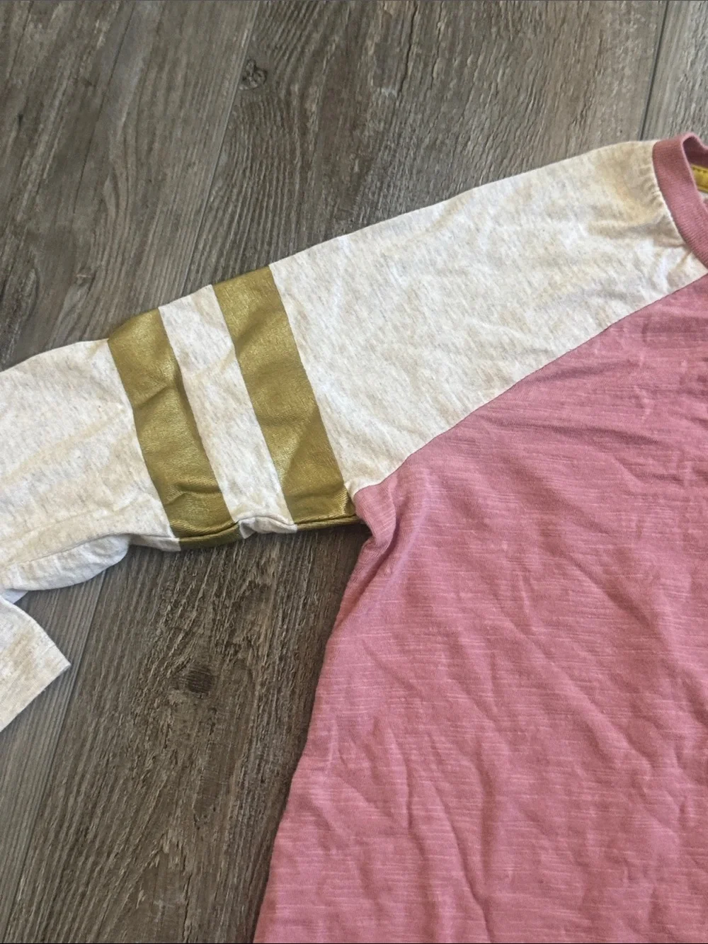 Mini Boden Girls' Long Sleeve Raglan Tee in Rose and Cream with Gold Stripes